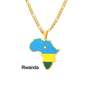 Collana con ciondolo mappa del Ruanda dorata con colori della bandiera e sole radioso