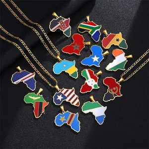Collana Con Pendente Mappa dell'Africa in Acciaio Inossidabile Hip Hop per Uomo Donna Gioielli Geografici Placcati in Oro Smaltato