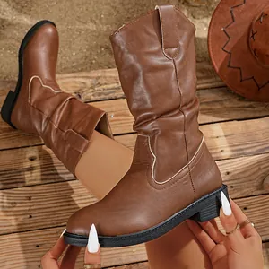 Women Western Slouchy Mid-Calf Boots V-Cut Pointed Toe Block Heel Pull-On Fashion Cowboy Boots For Autumn Winter Daily Wear