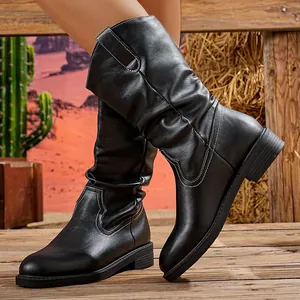 Stylish black Western mid-calf boots with V-cut opening and slouchy faux leather