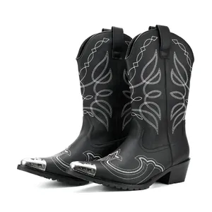 Men Western Cowboy Boots Pointed Toe Metal Tip Embroidery Mid Calf Knight Boots Retro Punk Block Heel PU Leather Fashion Boots