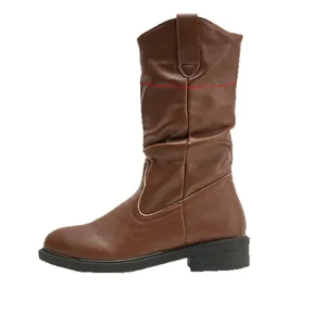 Classic brown Western mid-calf boots with low block heel and slip-on V-cut top