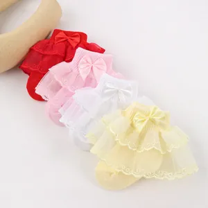 Chaussettes de Princesse à Dentelle et Nœud pour Bébés Filles Coton Doux Respirant Chaussettes de Robe à Volants pour Fête