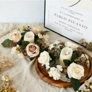 Handmade artificial rose and wildflower candle holder wreath for romantic home table decor