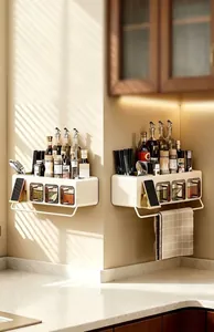 Wall-mounted multi-grid seasoning rack organizing spices and kitchen utensils