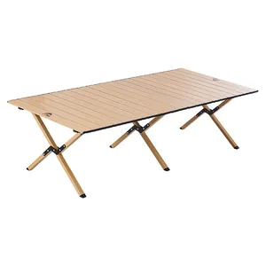 Portable folding camping egg roll table with wood grain finish and stable steel legs