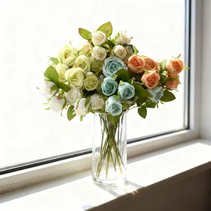 Artificial 8-head roses in a glass vase for elegant European style home table decoration