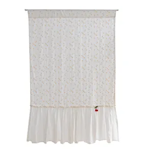 White cotton partition curtain with orange floral pattern and cherry detail decor