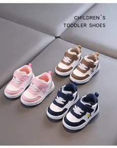 Detailed view of waterproof leather toddler walking shoes in pink, brown and navy blue