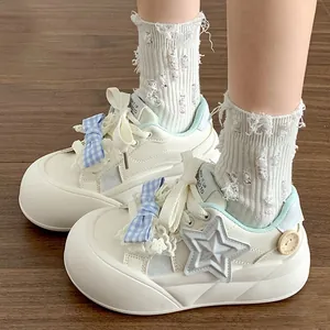 Zapatillas de Suela Gruesa para Niñas Zapatos Casuales de Punta Redonda Plataforma con Decoración de Estrella y Lazo
