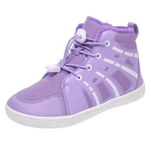 Purple kids' winter snow boots with warm plush lining and drawstring closure