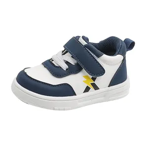 Toddler waterproof leather walking shoes with navy blue and white contrast