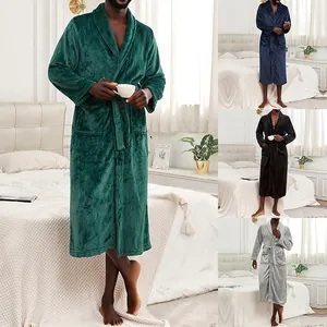 Peignoir en Flanelle Femmes Hommes Extra Longue Robe Molletonnée Douce Avec Ceinture Poches Couleur Unie Col Châle Pour Hiver