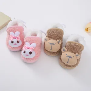 Thick warm baby winter boots featuring cute bunny and bear designs with plush fleece lining