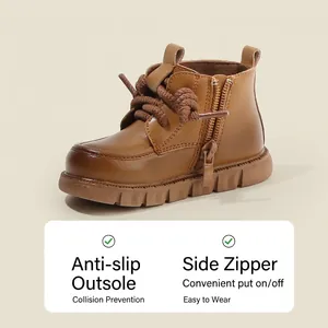 Bottines Martin en cuir marron style britannique pour bambins avec semelle antidérapante et zip
