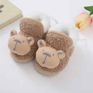 Detailed view of plush baby winter booties with cute bear design and fur lining.