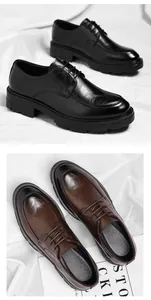 Vue détaillée des chaussures en cuir à semelle compensée de 8 cm pour hommes en noir.