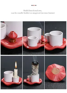 Detailed macro view of the multi-functional ceramic mushroom incense burner and candle holder