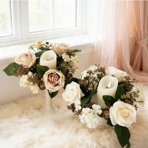 Elegant 3-head artificial rose flower candle rings on a white plush rug for home decor