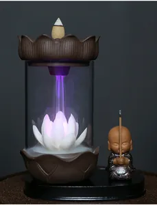 Detailed view of backflow incense burner showing LED lotus light and glass cover