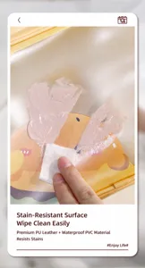 Close-up of wiping stain off the waterproof PVC and PU leather cosmetic bag surface.