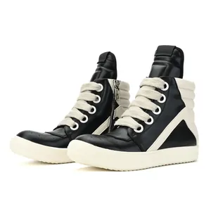 Detailed side view of men's high-top sneakers with chunky laces and thick white soles