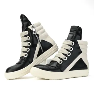 High-top sneakers for men with thick laces and side zipper in black and white leather.