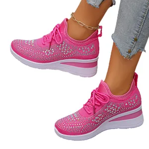Bright pink rhinestone wedge sneakers with breathable mesh and thick platform sole for women