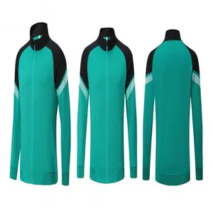 Veste de sport turquoise et noire à fermeture éclair, détails rayés, vues multiples.