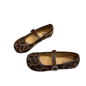Stylish leopard print Mary Jane flat shoes for women with heart shaped metal buckle strap