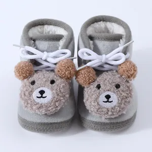 Warm fleece-lined winter baby shoes with cute 3D bear design in grey