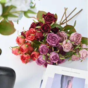 Vintage 8-head artificial rose bouquet with burnt edge effect for elegant home decor