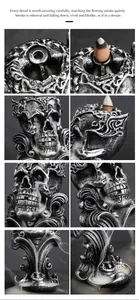 Detailed close-up of gothic skull resin backflow incense burner showing smoke flow