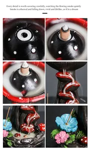 Detailed macro view of backflow incense smoke cascading down resin mushroom steps