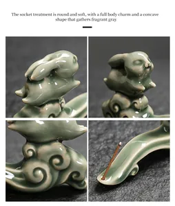 Detailansicht des Weihrauchbrenners aus Seladon-Keramik mit Hasen- und Wolken-Design