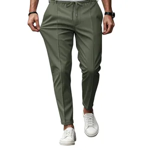 Close-up of olive green slim fit men's trousers showing elastic fabric stretch