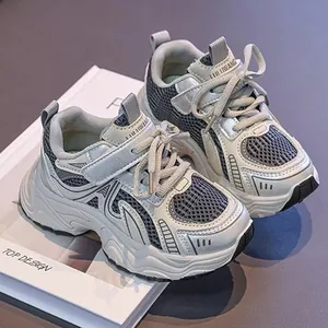 Autumn 2025 girls' breathable mesh chunky sports sneakers in stylish grey and white