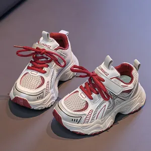 Breathable red and white chunky dad shoes for girls children sports sneakers 2025