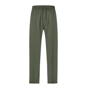 Front view of olive green men's drawstring trousers with vertical front pleat detail.