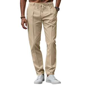 Men's khaki casual trousers with elastic drawstring waist and elegant slim fit design