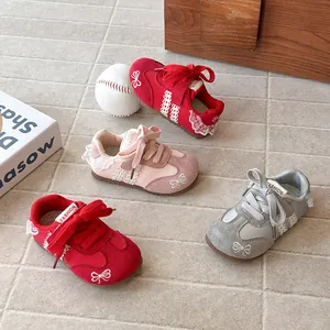 Korean style girls lace sneakers with bow embroidery in red, pink, and grey colors