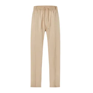 Men's khaki drawstring waist casual business trousers with minimalist pleated detail