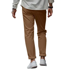 Rear view detail of men's brown slim-fit casual trousers with stylish cuffed hems