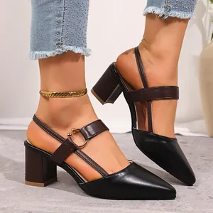 Elegant women's pointed-toe block heel pumps with ankle strap for spring and summer seasons