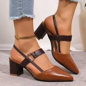 Elegant brown and coffee two-tone pointed-toe block heel sandals with ankle strap
