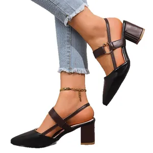 Stylish black and brown faux leather pointed toe thick heel slingback pumps for women