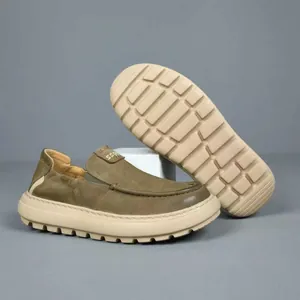 Men's casual olive green leather loafers with thick beige anti-slip rubber soles