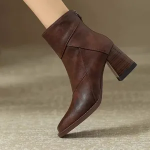 Women's Vintage British Style PU Leather Short Boots Square Toe Chunky High Heel Ankle Boots For Winter Daily Fashion