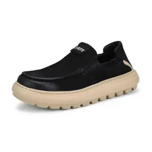 Men's black casual slip-on loafers with thick beige soft rubber sole