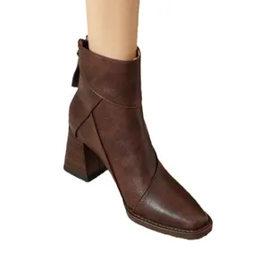 Vintage brown leather ankle boots for women with retro block heel and square toe design